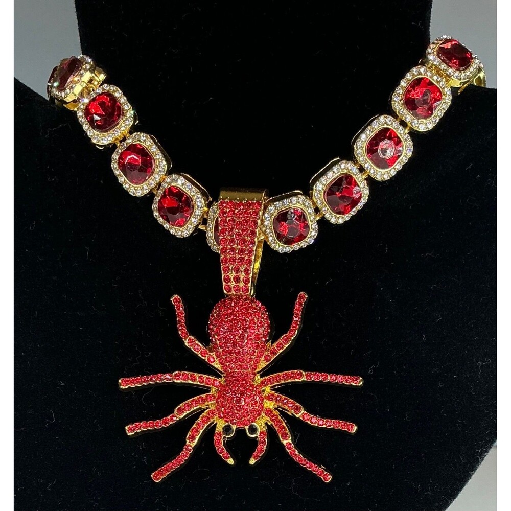 New Ruby Red Spider Necklace Pendant 18” Cubic Zirconia CZ Halloween Statement